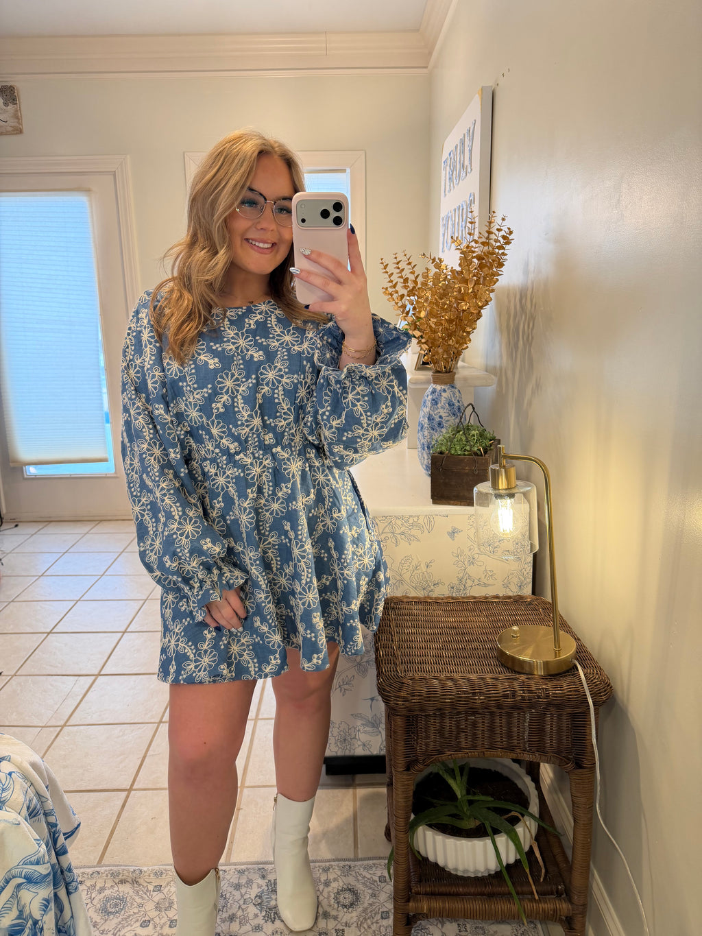 Denim Blue Bloom Embroidered Dress