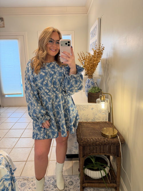 Denim Blue Bloom Embroidered Dress