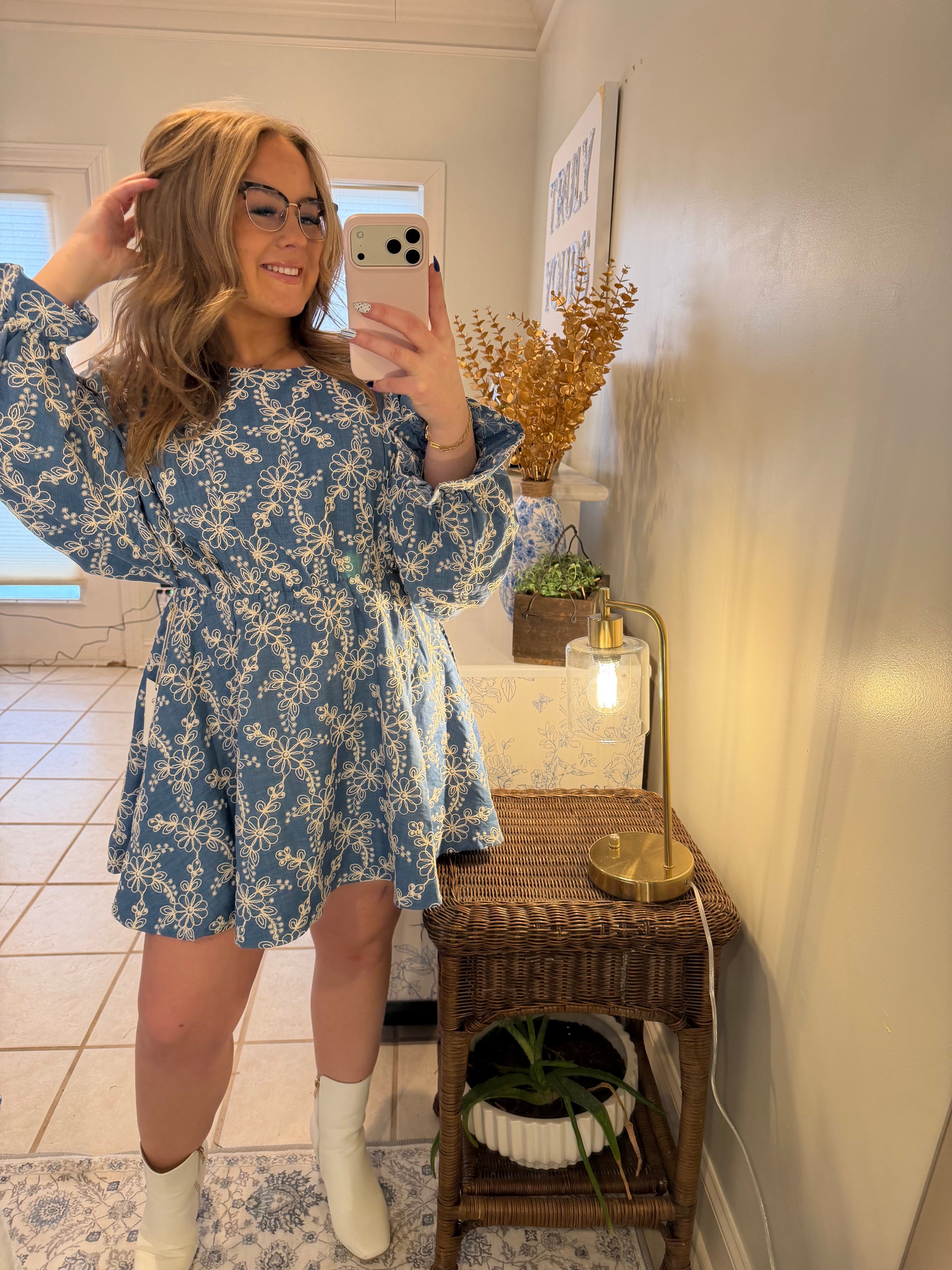 Denim Blue Bloom Embroidered Dress