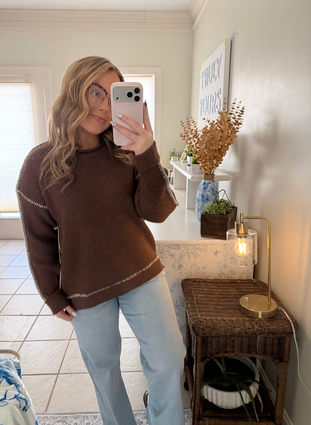 Mocha Contrast Stitch Ribbed Sweater🤎