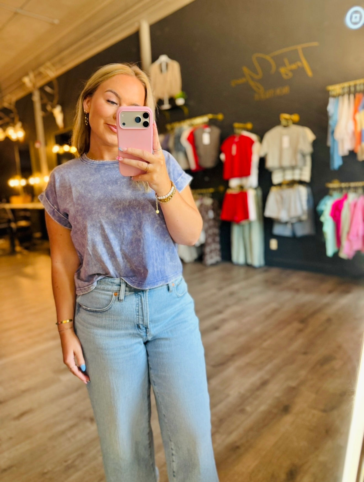 Navy Washed Cuffed Sleeve Top