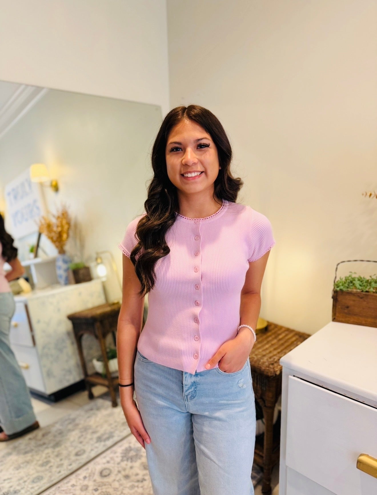 Pink Detailed Button Down Top