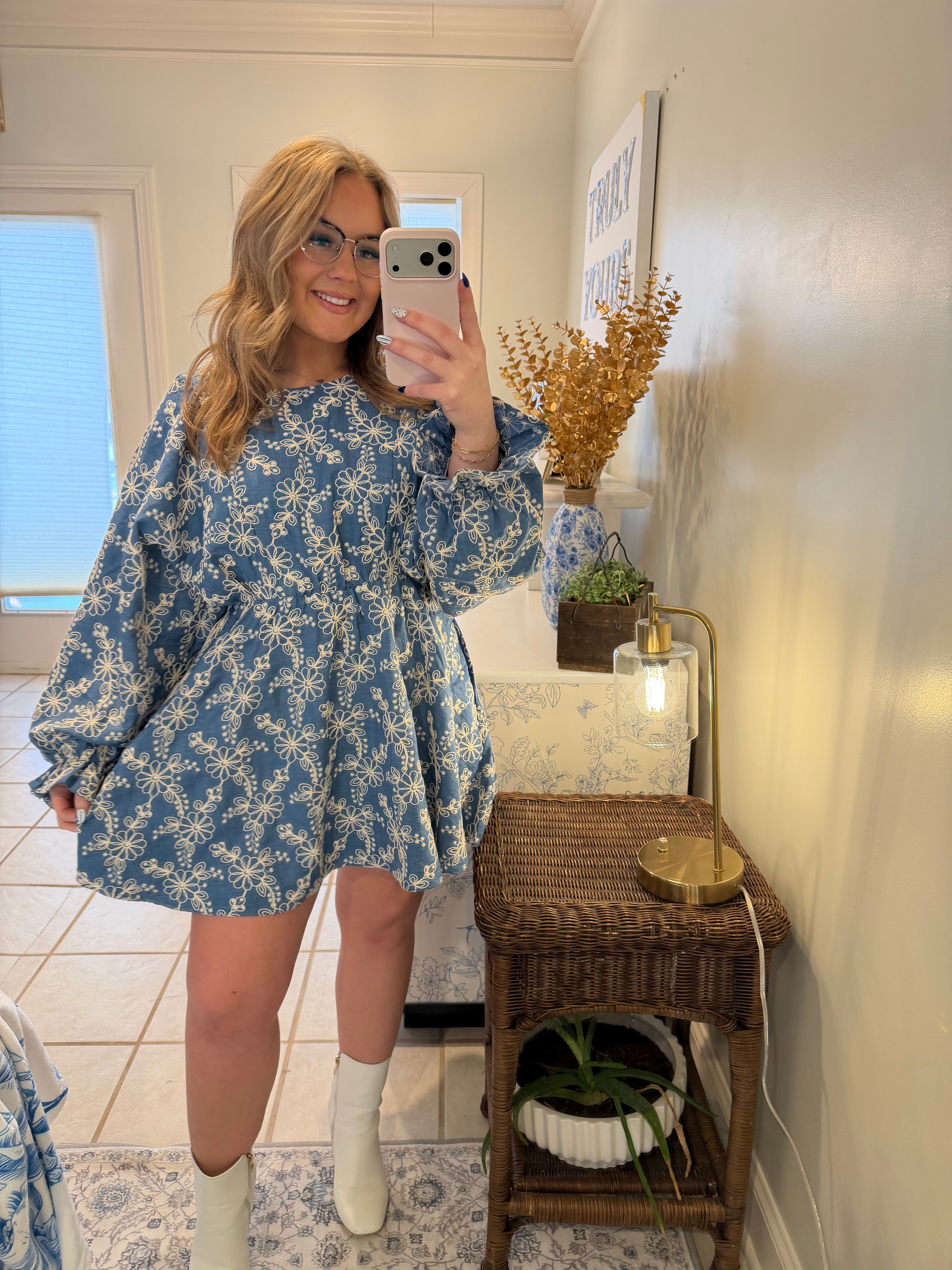 Denim Blue Bloom Embroidered Dress