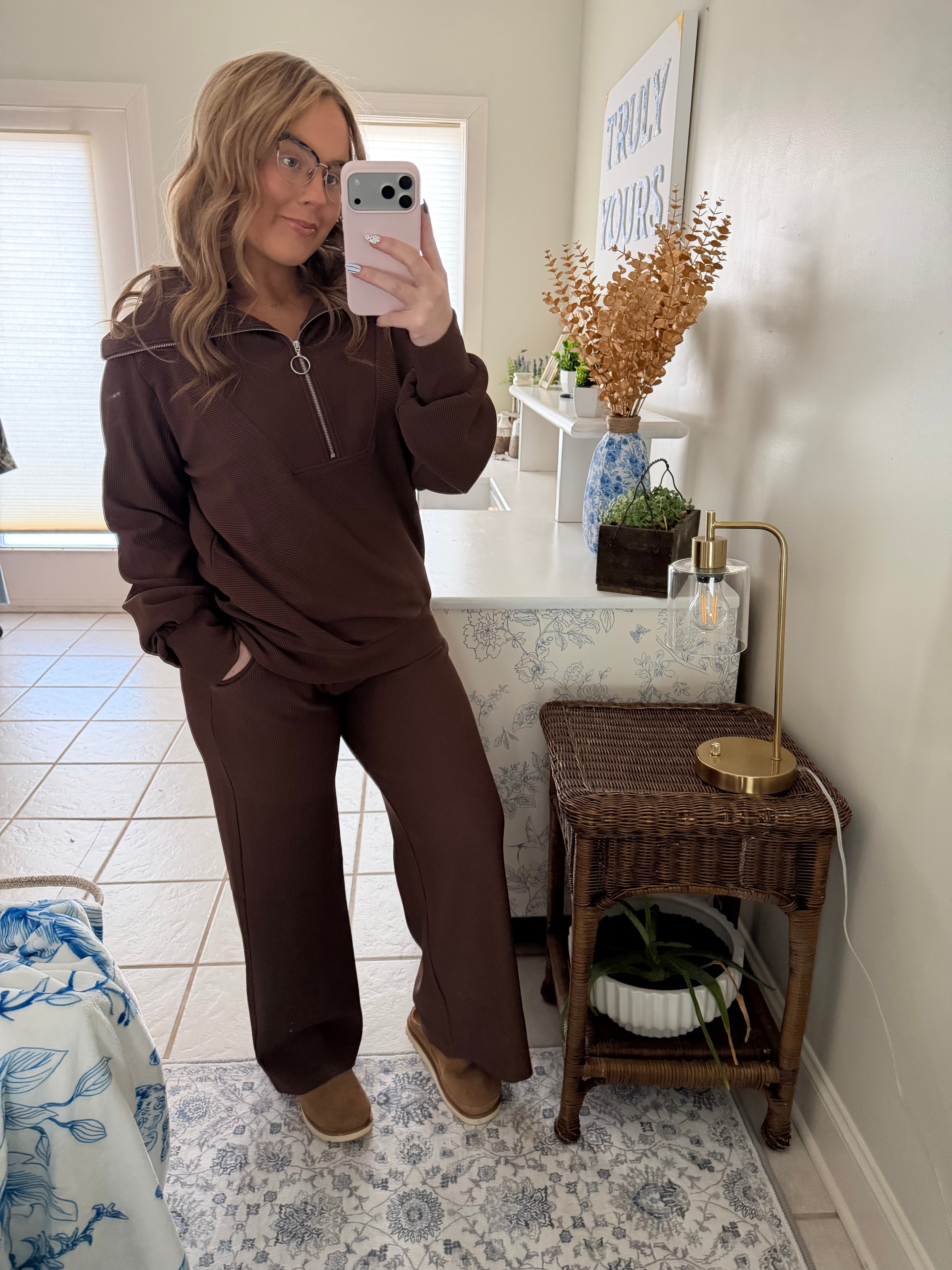 Travel Days Ribbed Half-Zip Lounge Set - Espresso