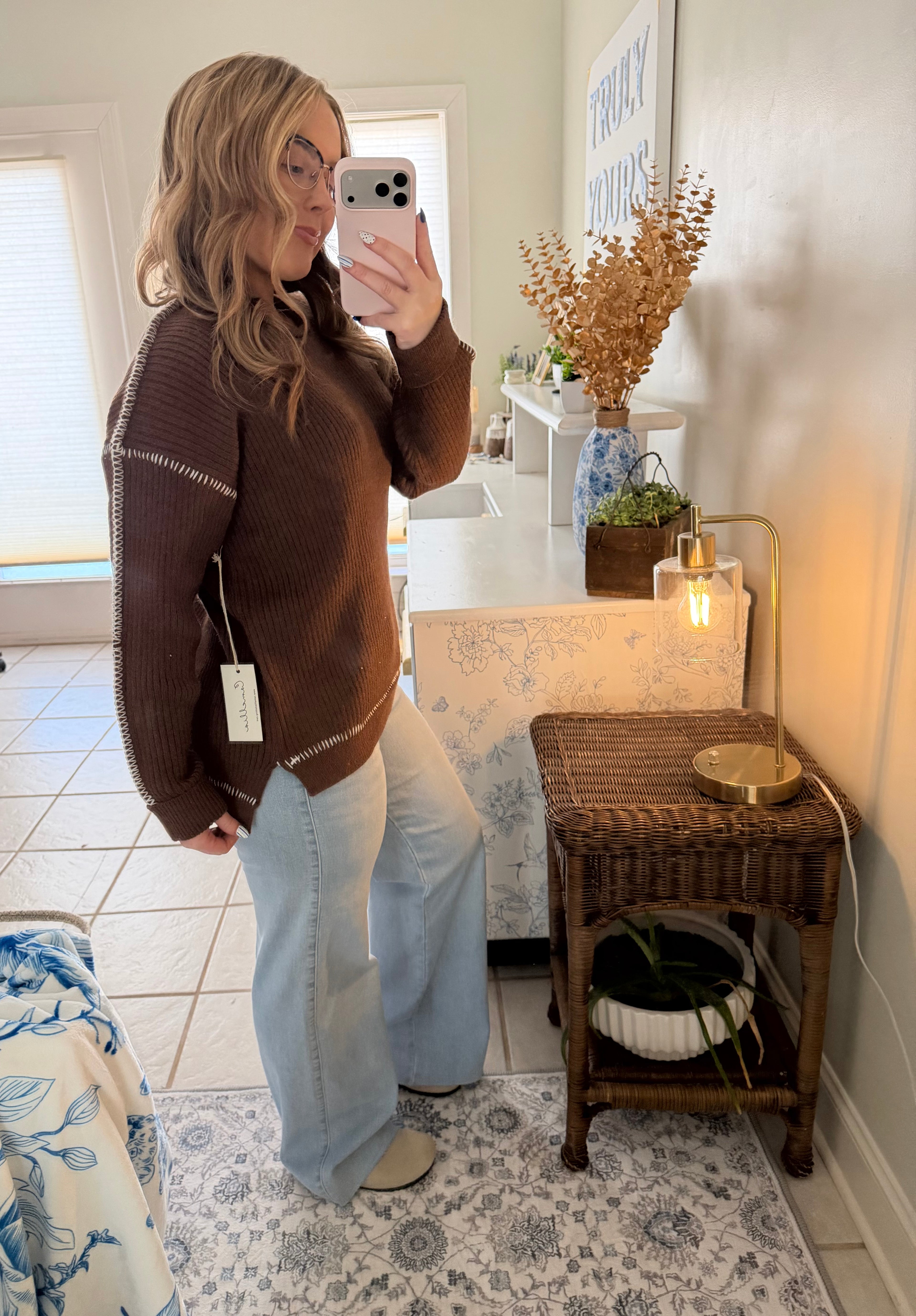 Mocha Contrast Stitch Ribbed Sweater🤎
