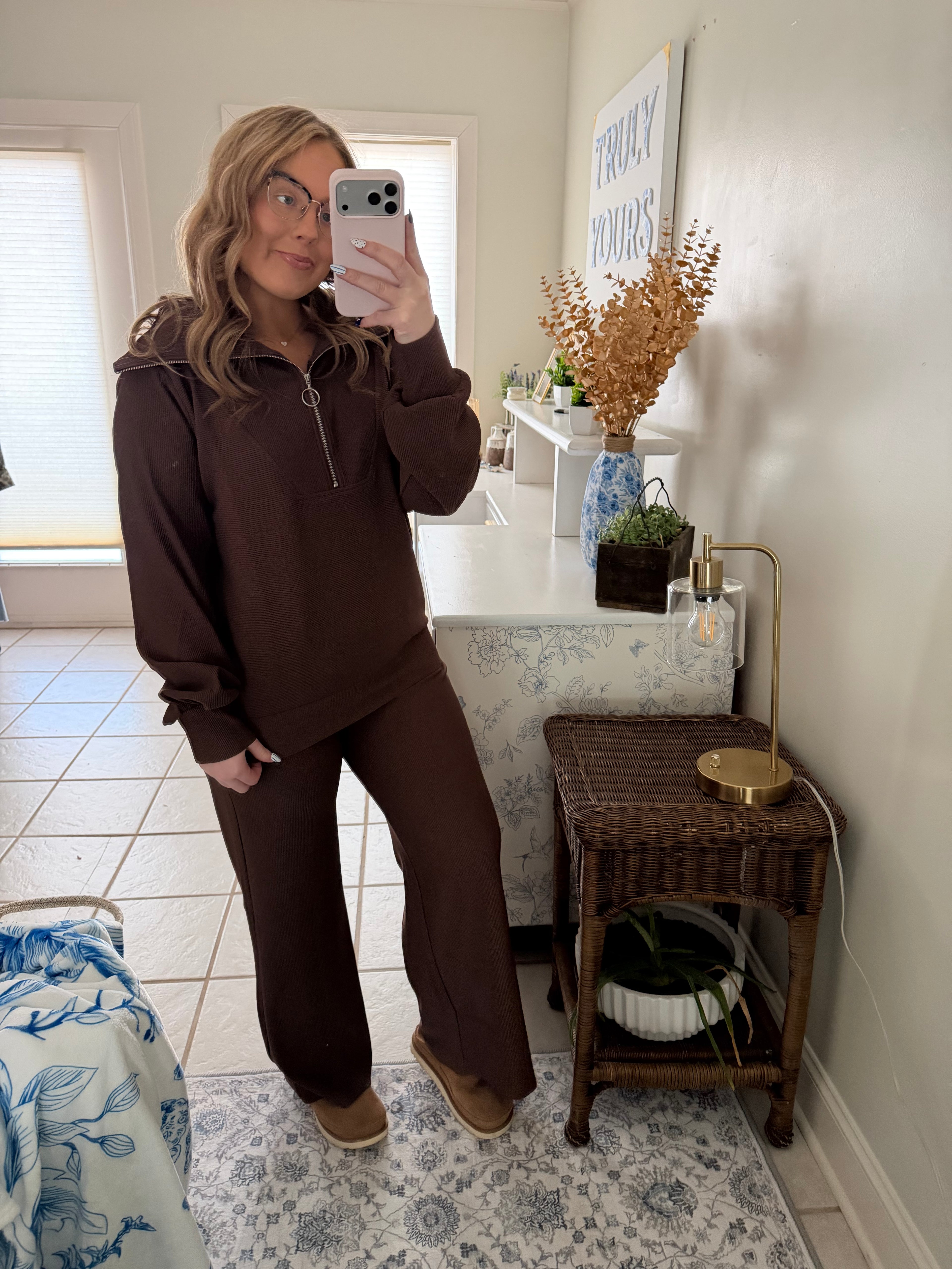 Travel Days Ribbed Half-Zip Lounge Set - Espresso