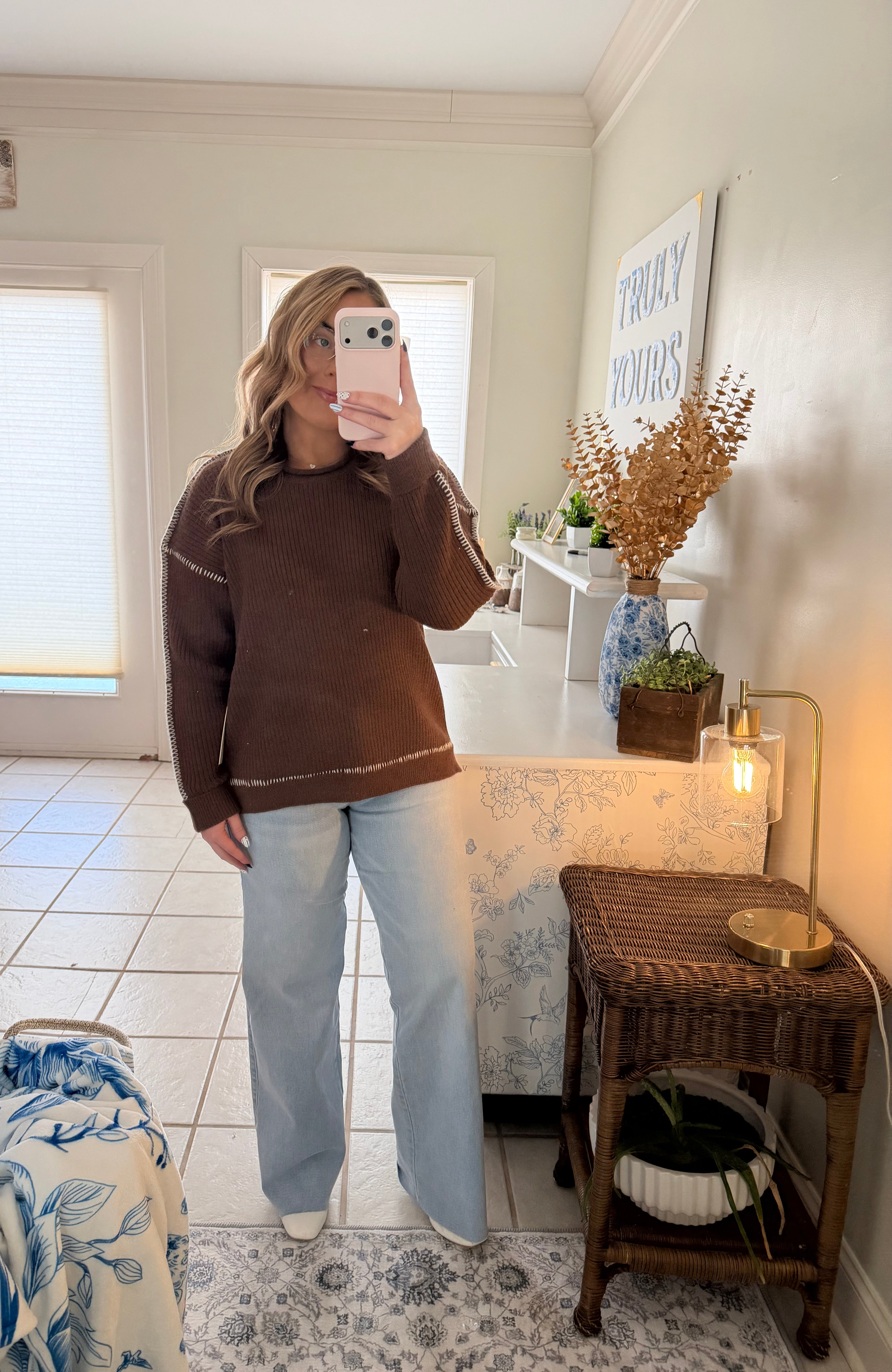 Mocha Contrast Stitch Ribbed Sweater🤎