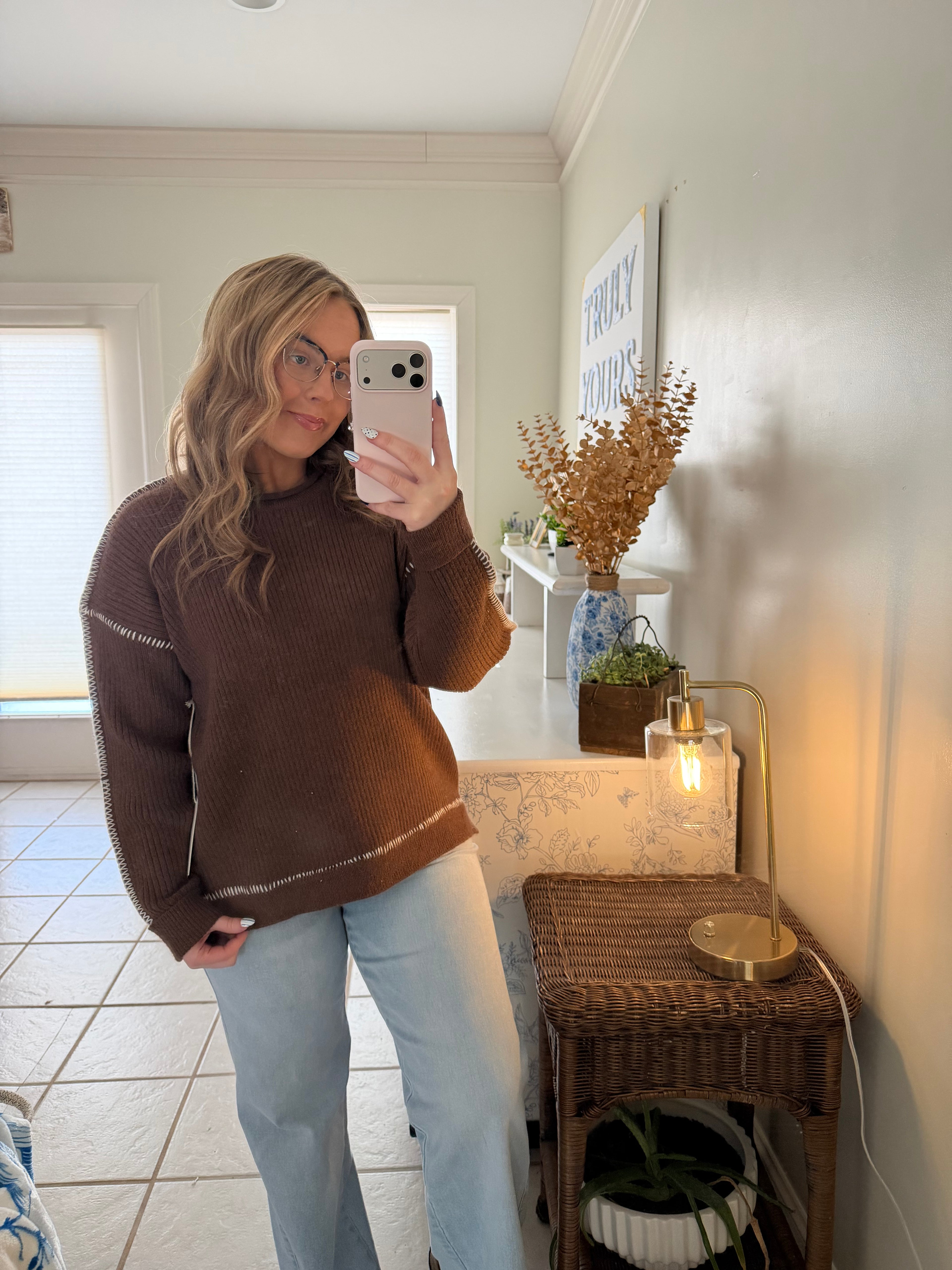 Mocha Contrast Stitch Ribbed Sweater🤎