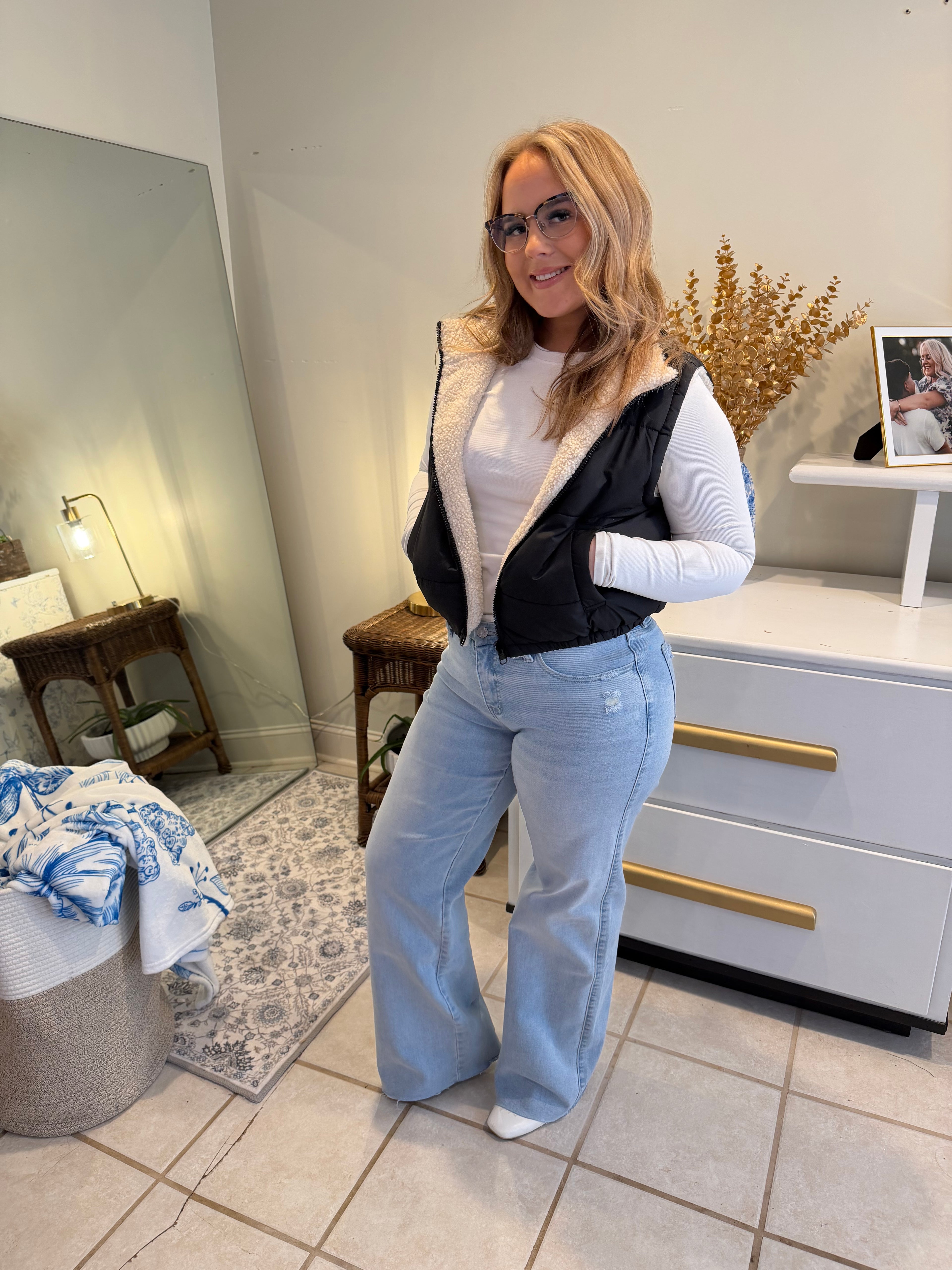 Reversible Fur Puffer Vest Black