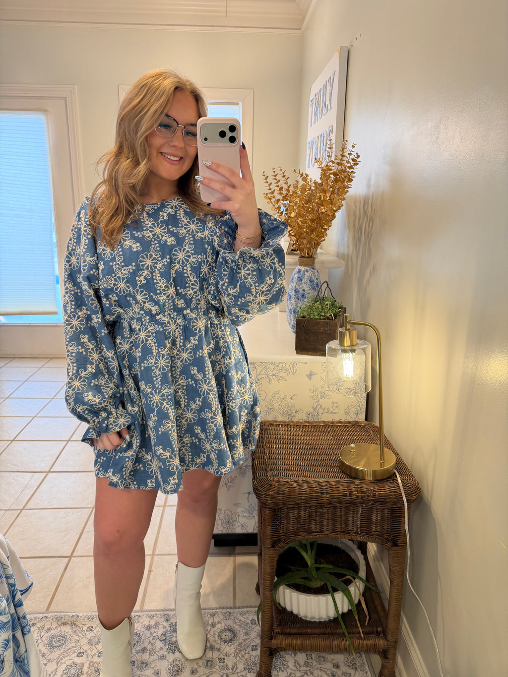 Denim Blue Bloom Embroidered Dress