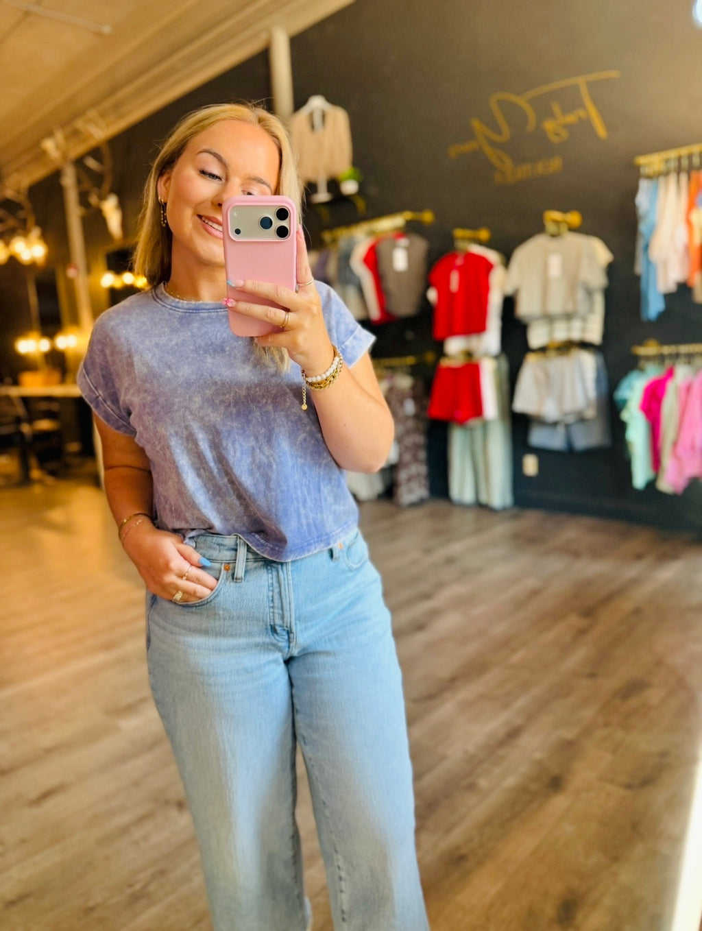 Navy Washed Cuffed Sleeve Top