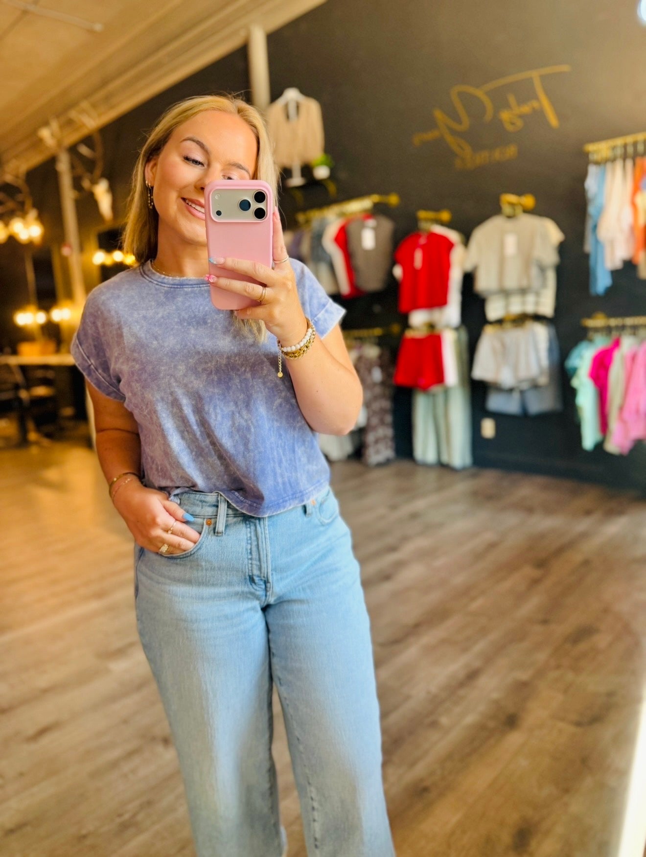 Navy Washed Cuffed Sleeve Top
