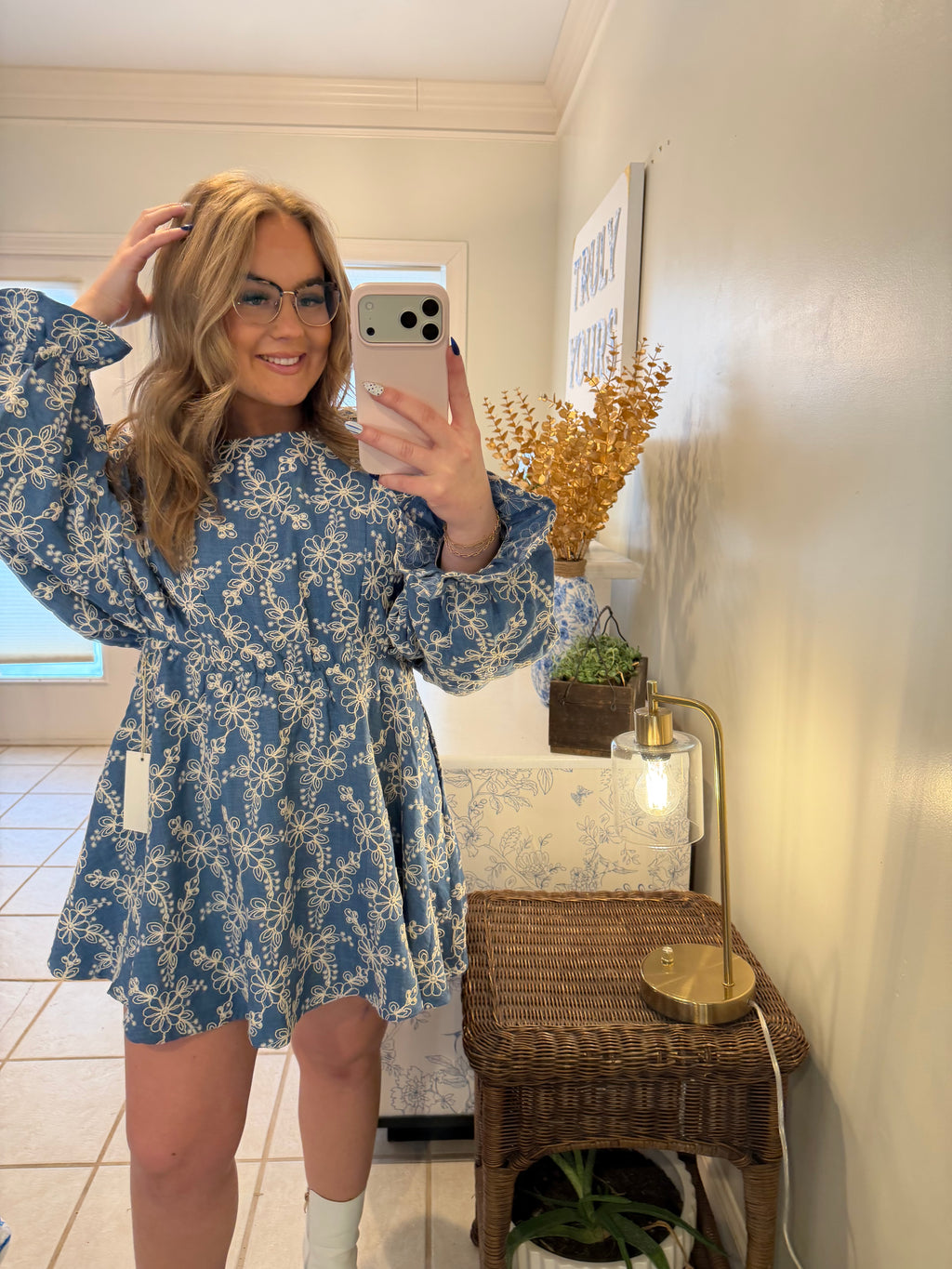 Denim Blue Bloom Embroidered Dress