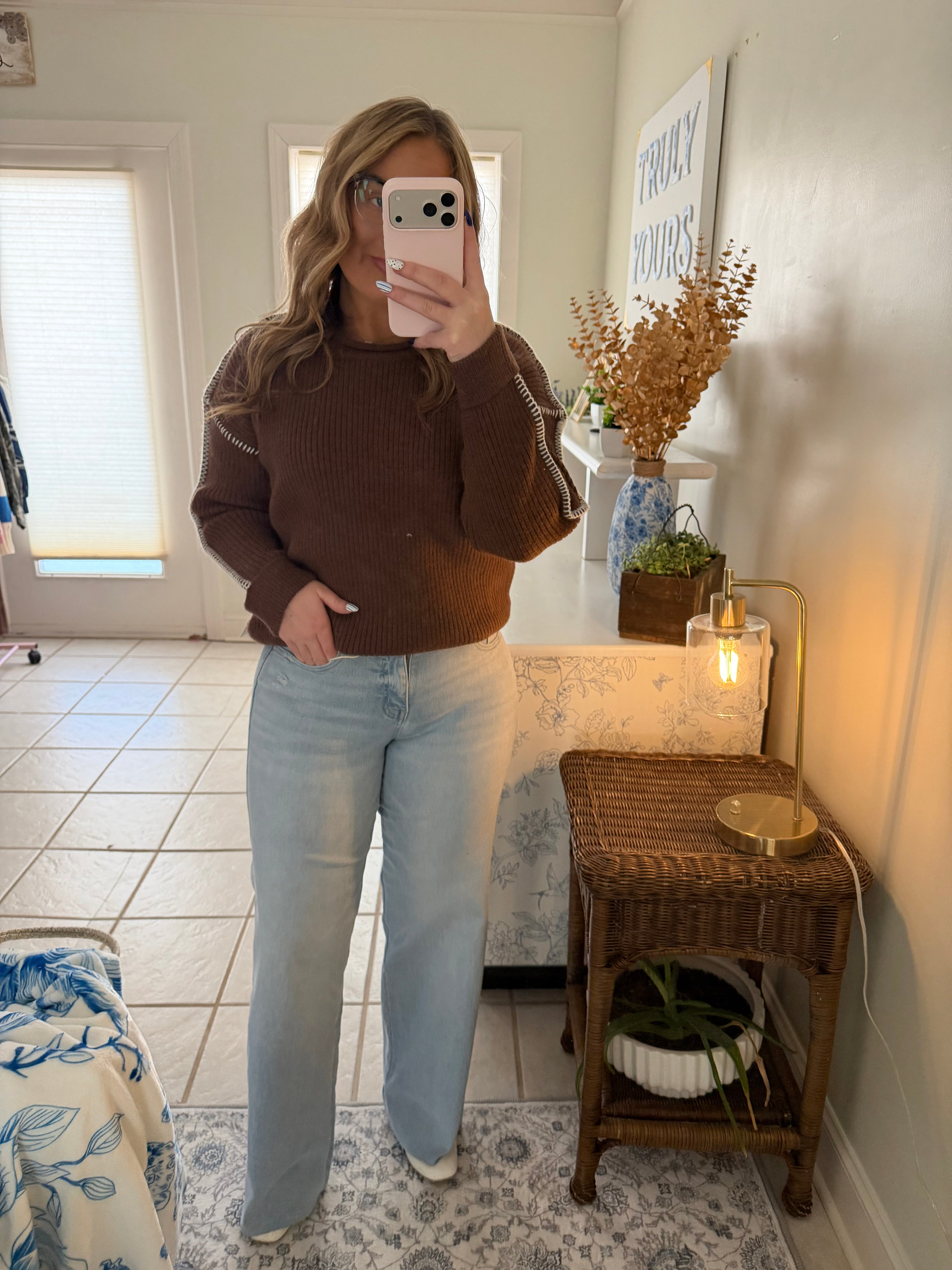 Mocha Contrast Stitch Ribbed Sweater🤎