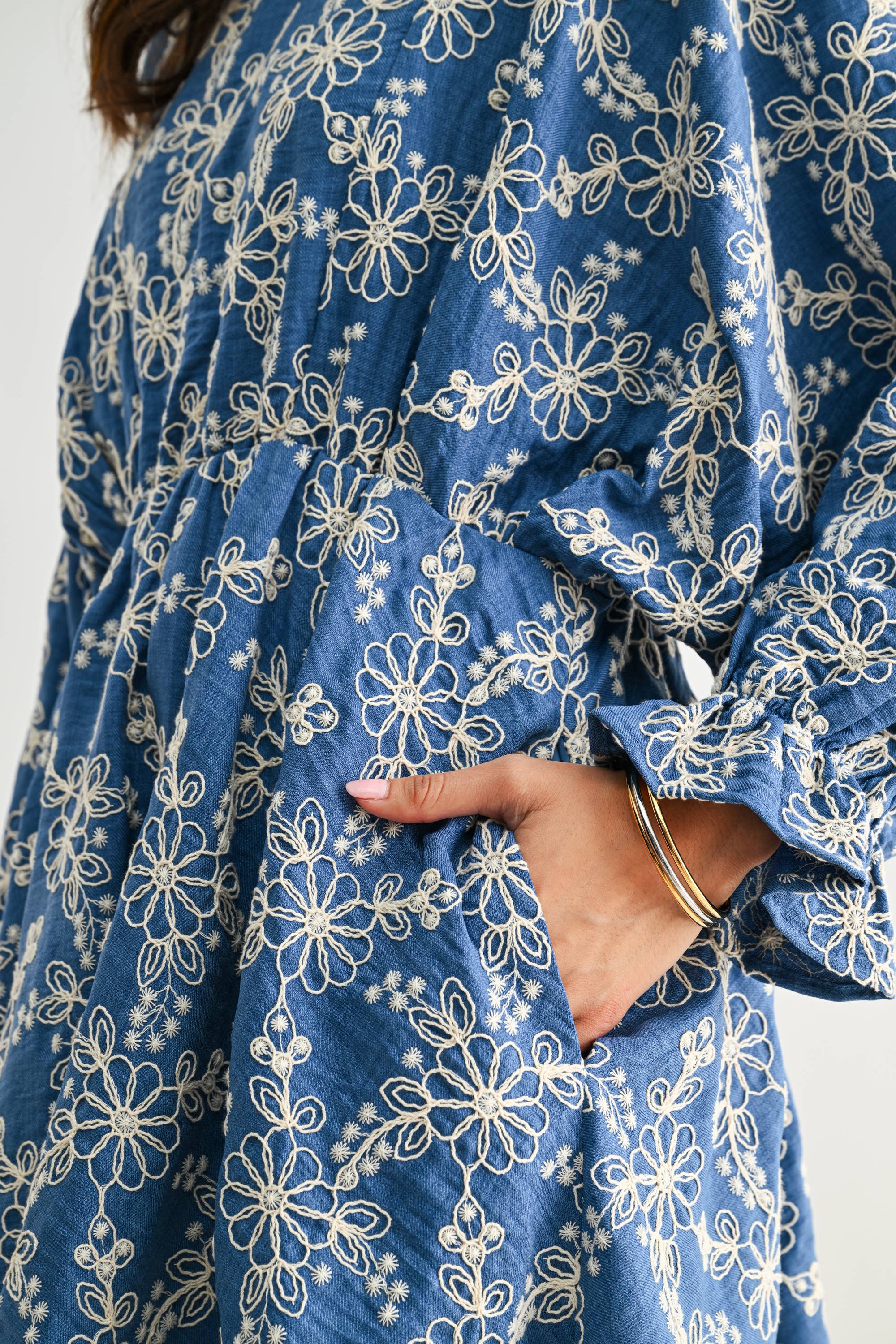 Denim Blue Bloom Embroidered Dress